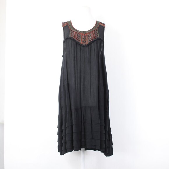 Free People Dress Sz M Black Rust Multicolor Embroidered 100% Rayon Dress - Picture 3 of 16